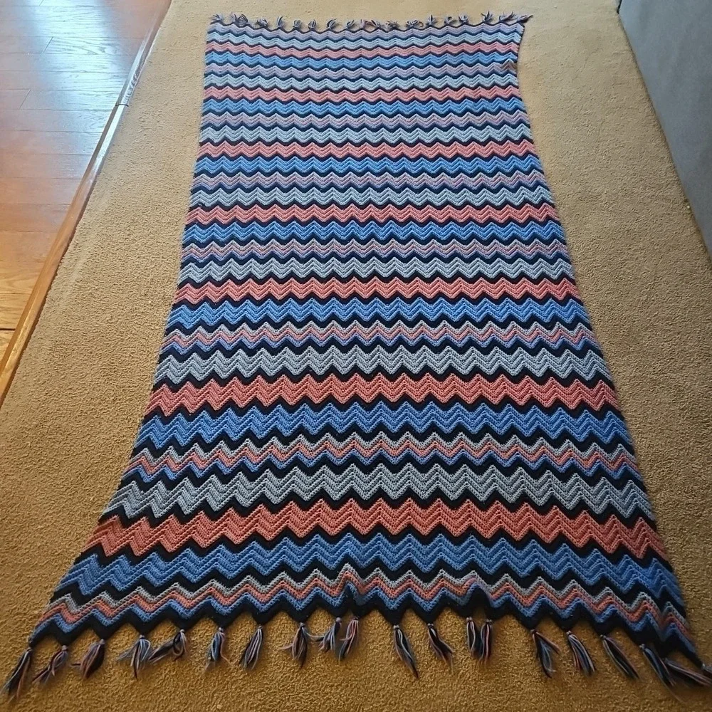 Vintage Handmade Chevron Crochet Blanket Blue Pink 1970s Afghan 95